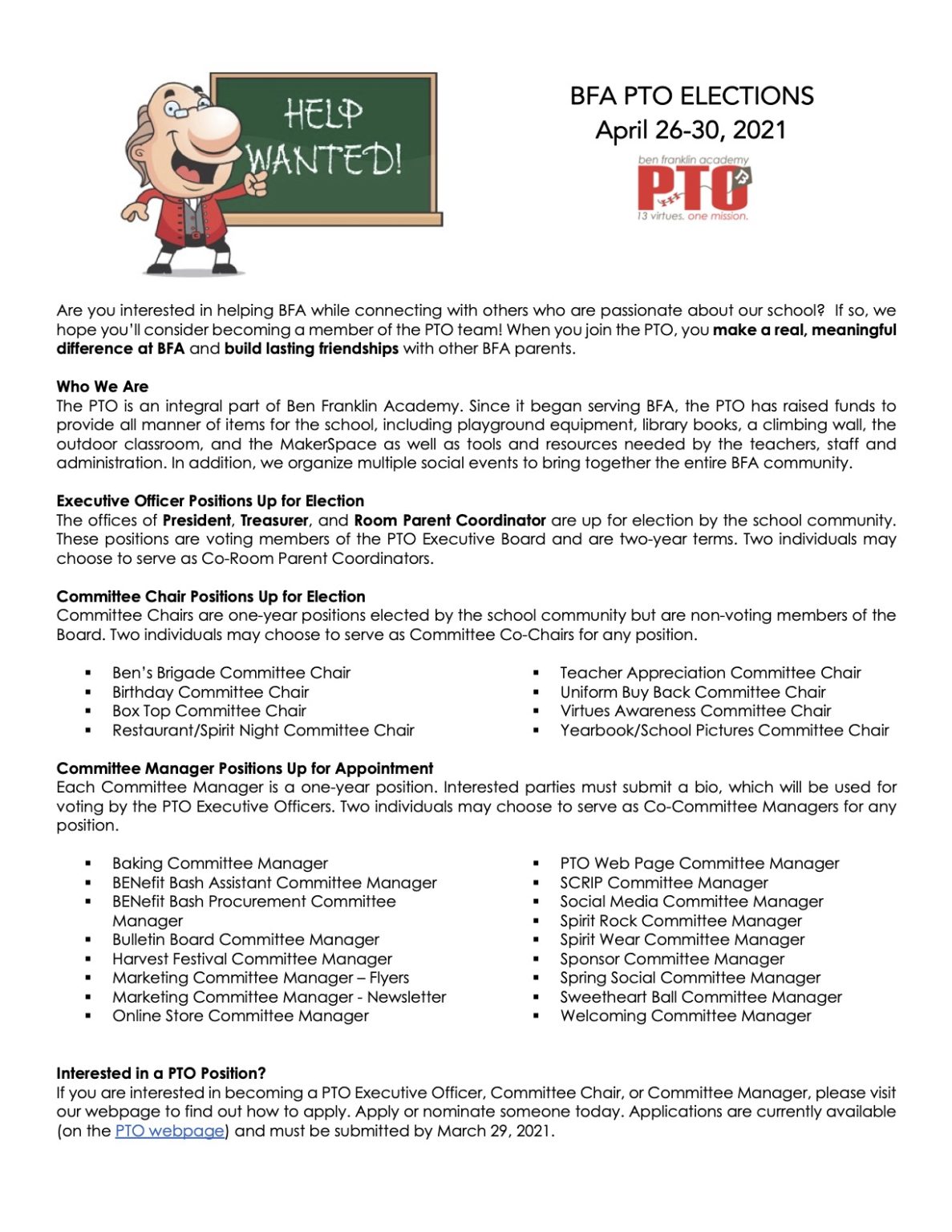 PTO Elections Flyer 2021 – Ben Franklin Academy